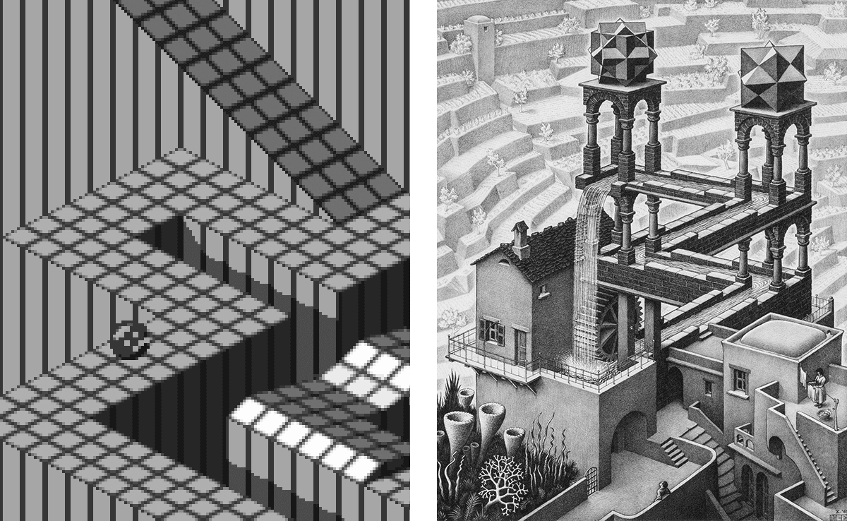 A pixelated video game screen shot of a marble navigating a complex grid environment, and an illustration of a waterfall driving a water wheel, which in turn directs water back to the source of the waterfall, seemingly against the laws of gravity