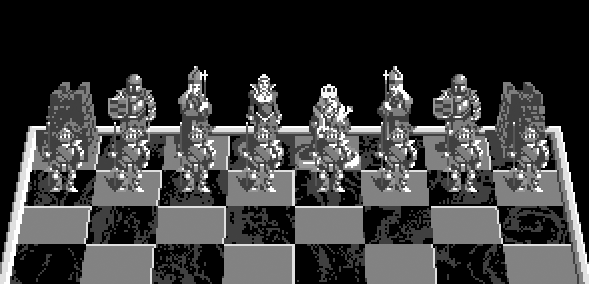 A Battle Chess screenshot, with two rows of cartoony, pixelated chess pieces on a chess board